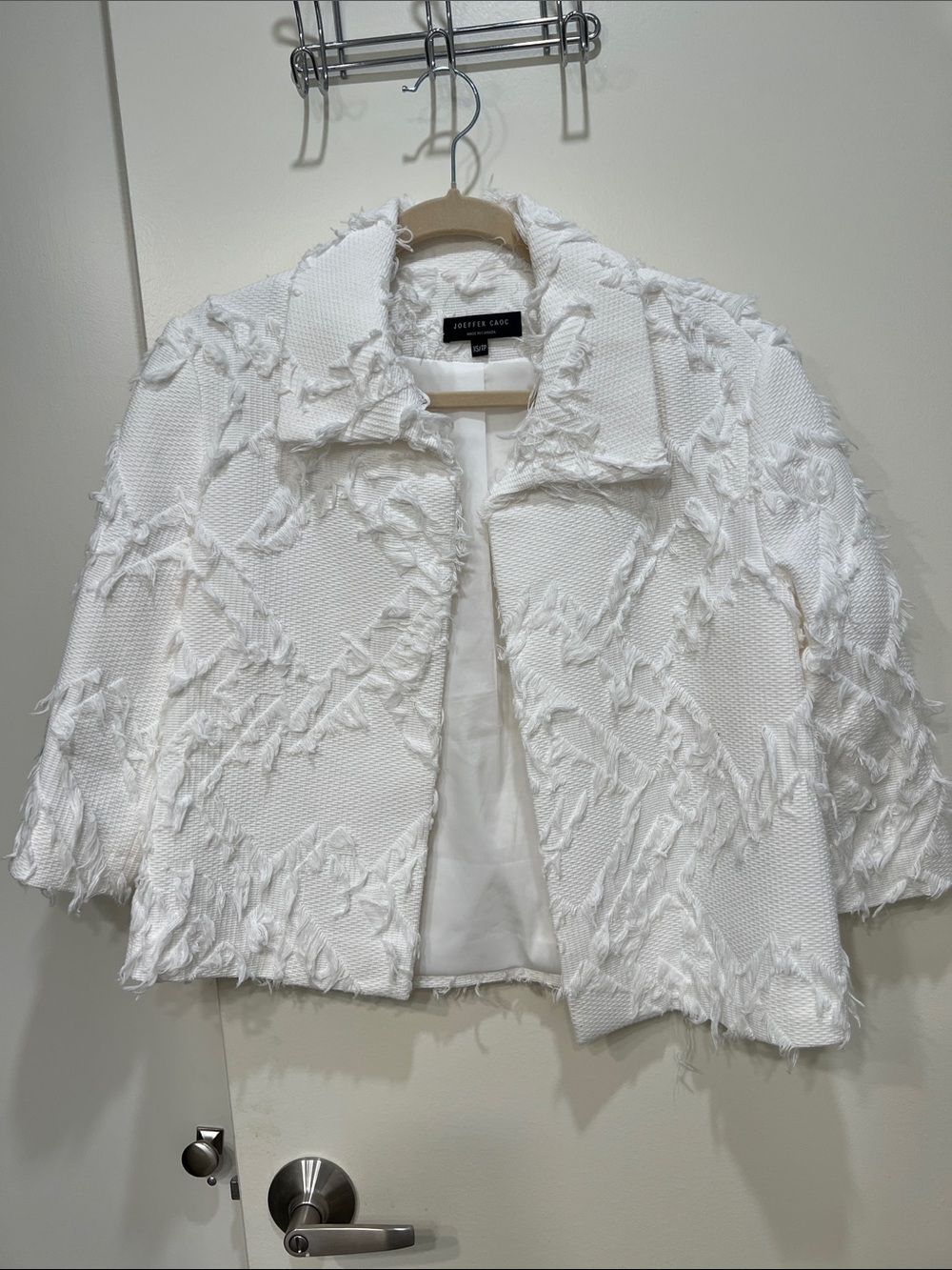 Joeffer Caoc White Textured Fringe Cropped Jacket